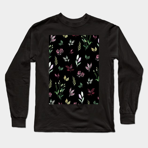 Tiny Watercolor Leaves Black Long Sleeve T-Shirt by AnisIllustration
